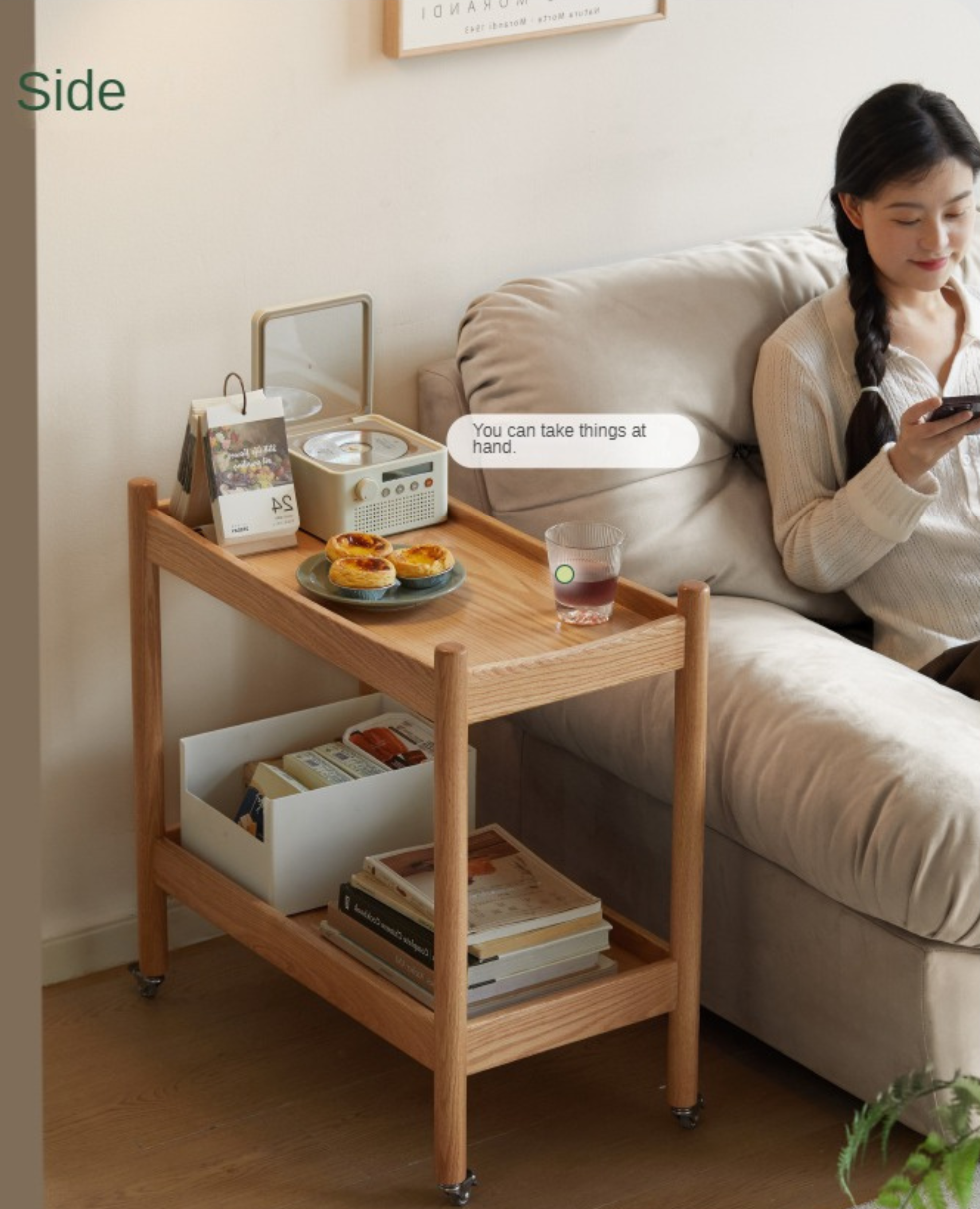 Oak Solid Wood Trolley Mobile Side Table