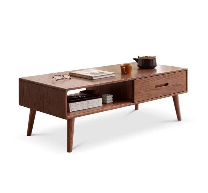 Oak, Solid Rubberwood Two-Drawer Coffee Table Walnut Color