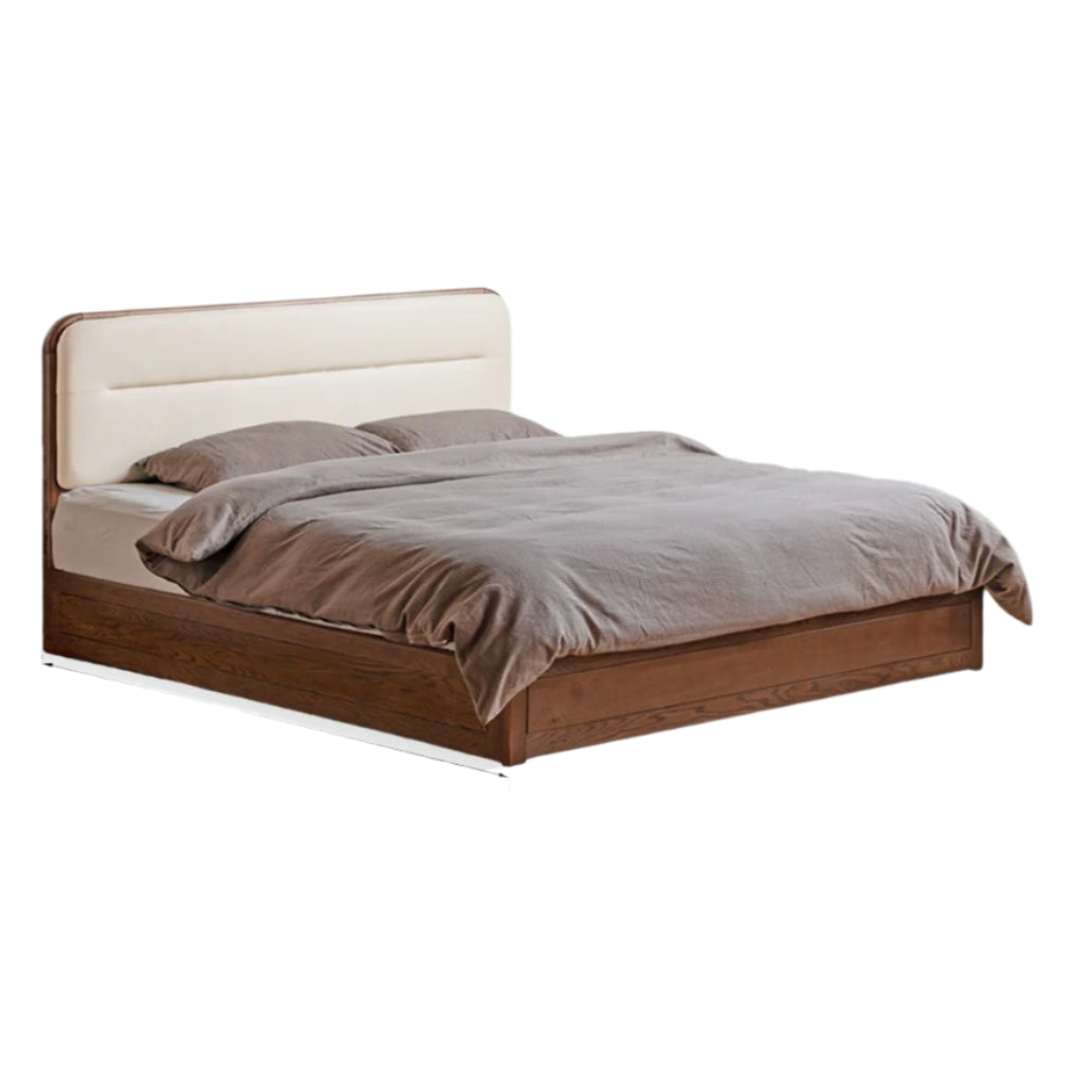 Oak Solid Wood Modern Genuine Leather, Organic Leather Storage Bed