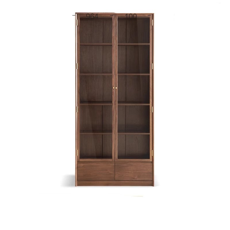 Black Walnut Solid Wood Bookcase Display Glass Door Storage Cabinet