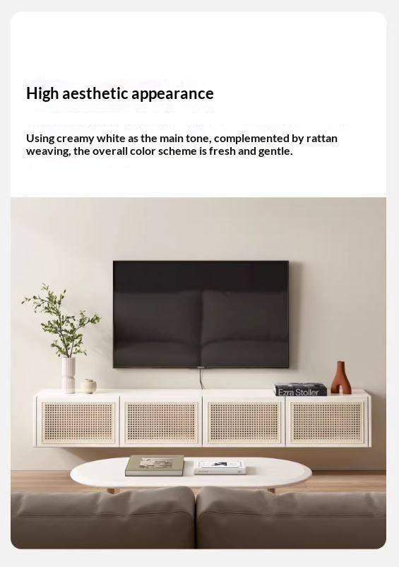 Ash Solid Wood Rattan TV Cabinet Cream Style LED Lights.