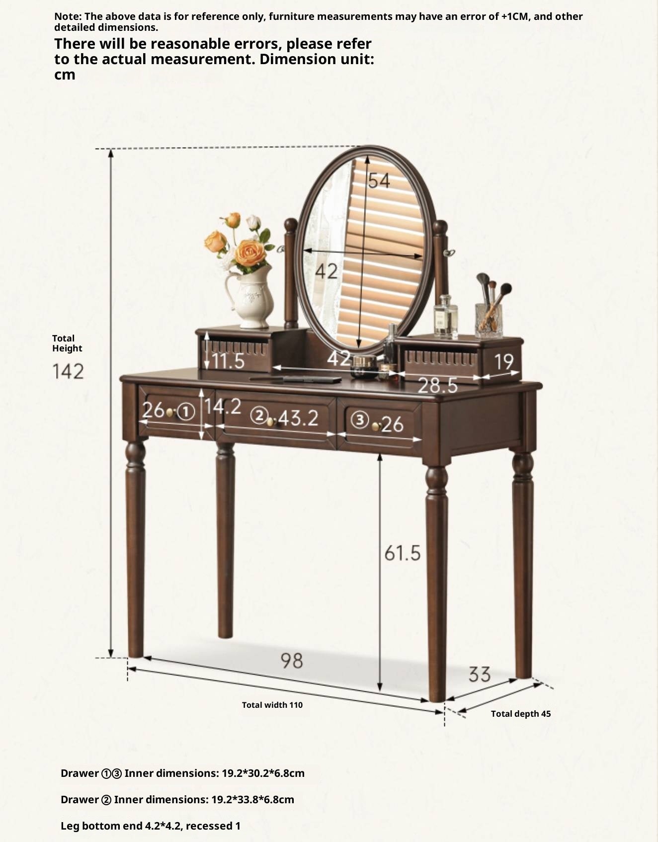 Poplar Solid Wood American Retro Style Vanity Table with Makeup Mirror