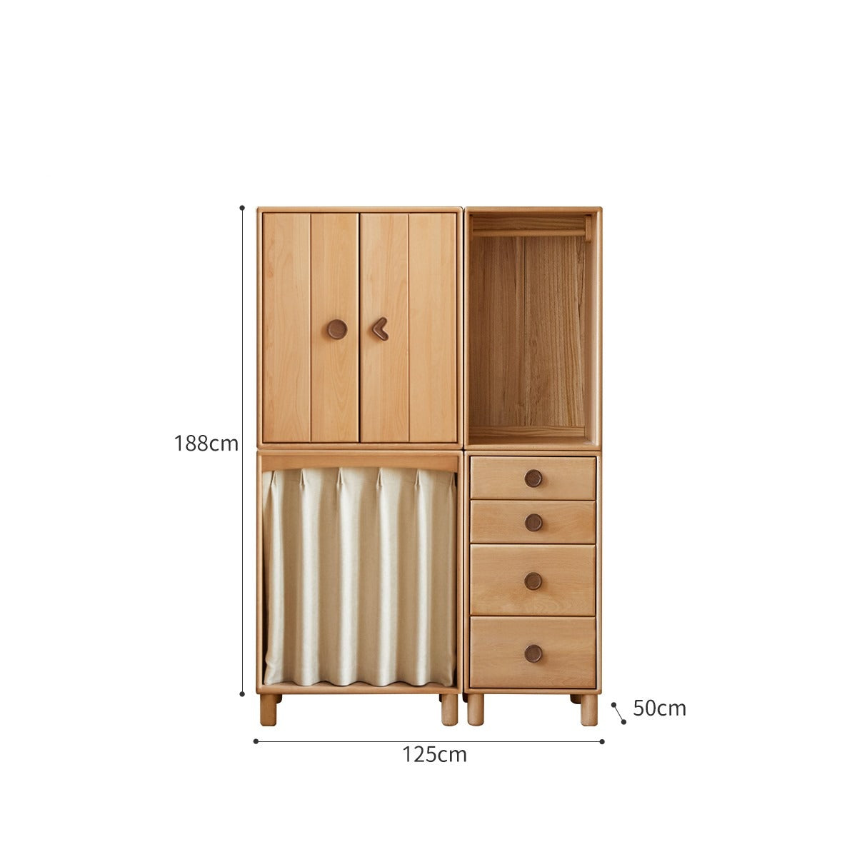 Beech, Rubber Solid Wood Children's Wardrobe,Combination Storage Cabinet