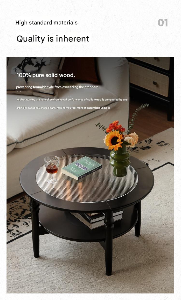 Rubber Solid Wood French Retro Glass Coffee Table.