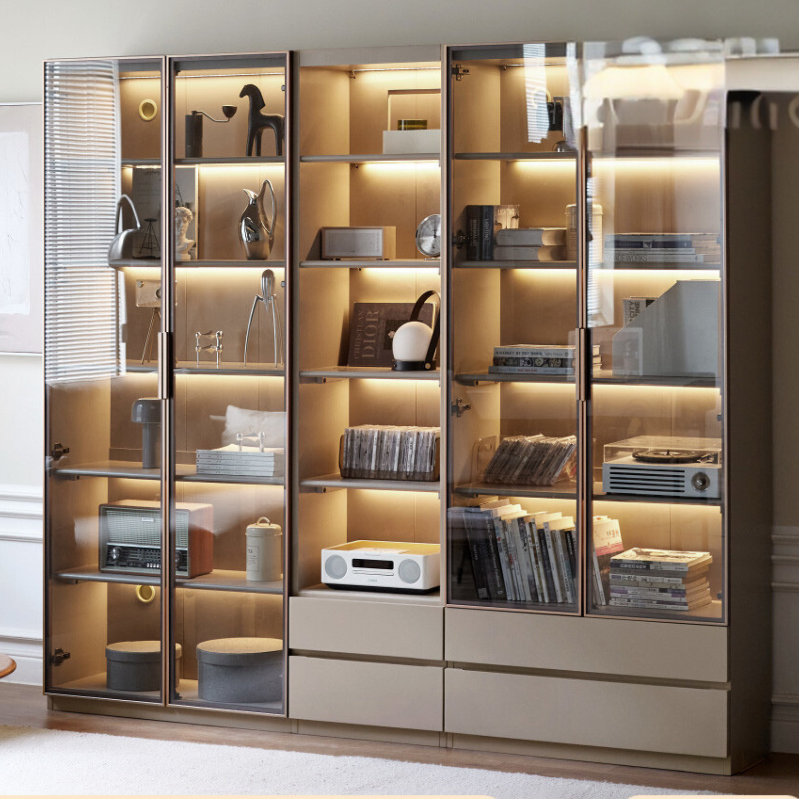 Poplar Solid Wood Combination Bookcase, Glass Door Cabinet