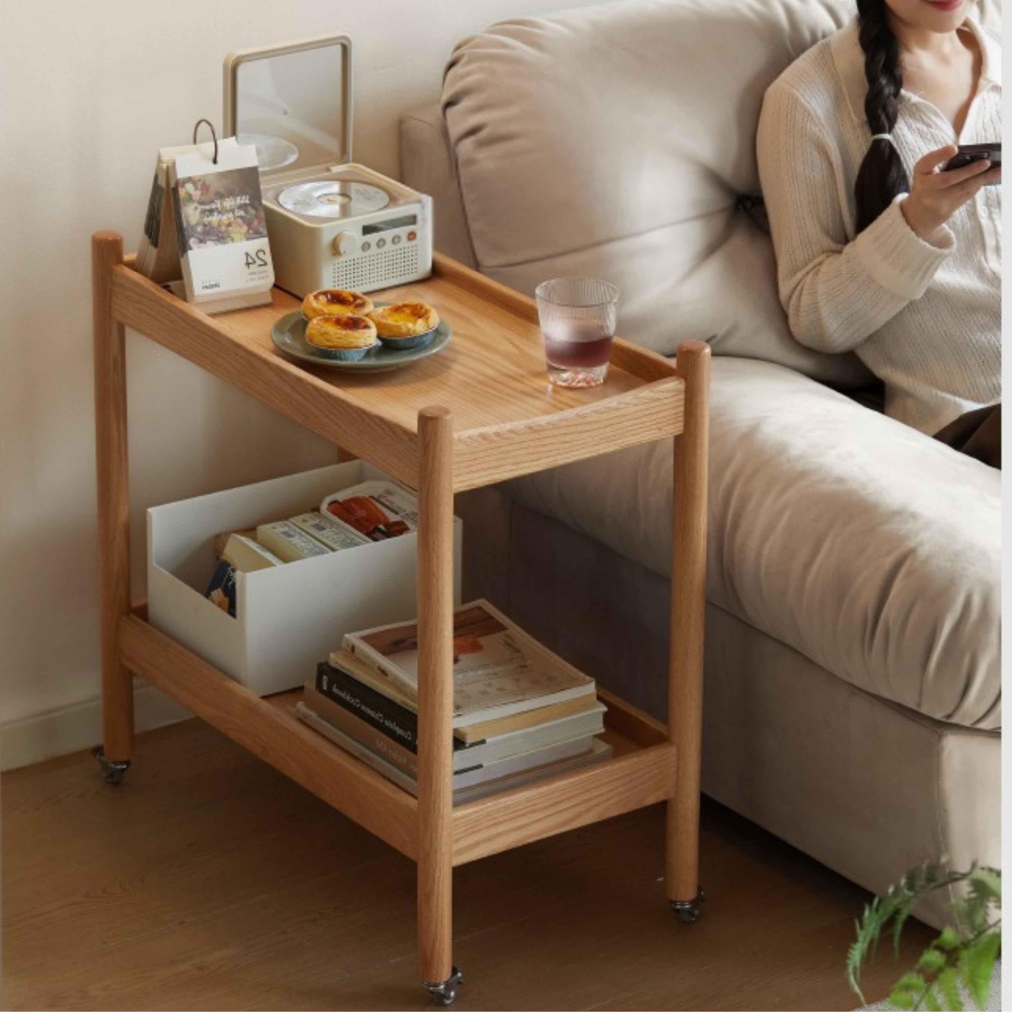 Oak Solid Wood Trolley Mobile Side Table