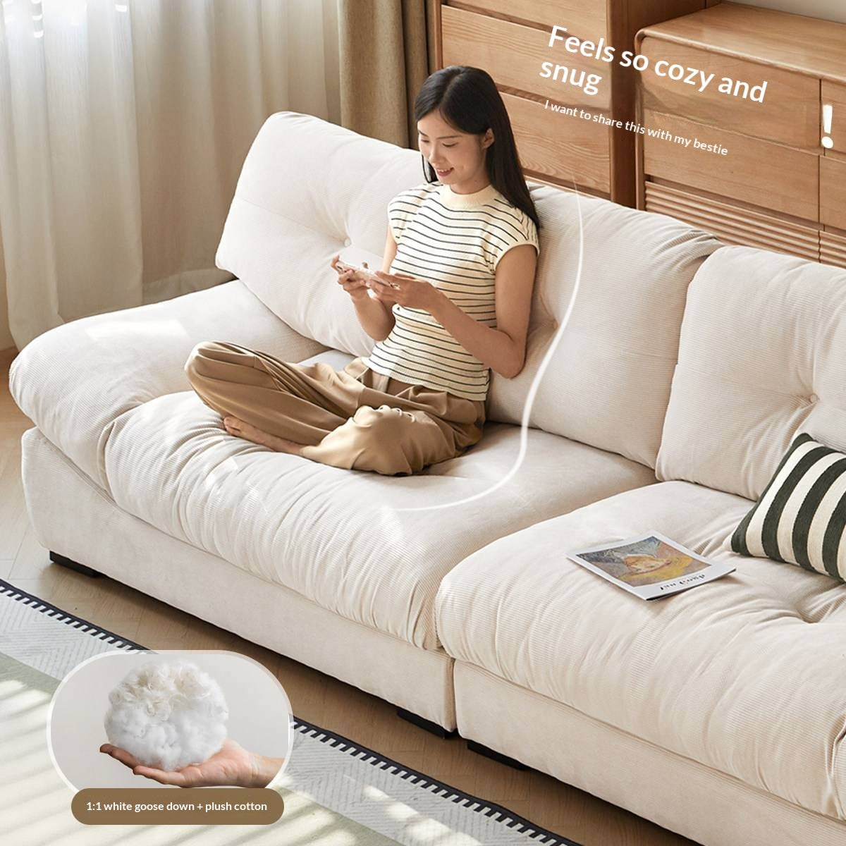 Fabric Italian Style Cloud Sofa With Russian Birch Wood Frame-