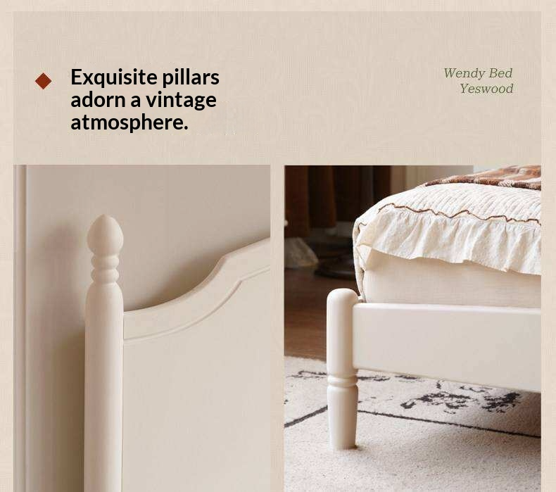 Rubberwood Solid Wood French Style Bed with White Curved Headboard and Elegant Retro Frame