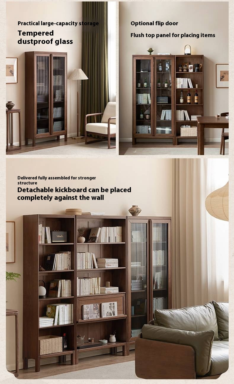Black Walnut, Oak Solid Wood Nordic Bookcase with Glass Door