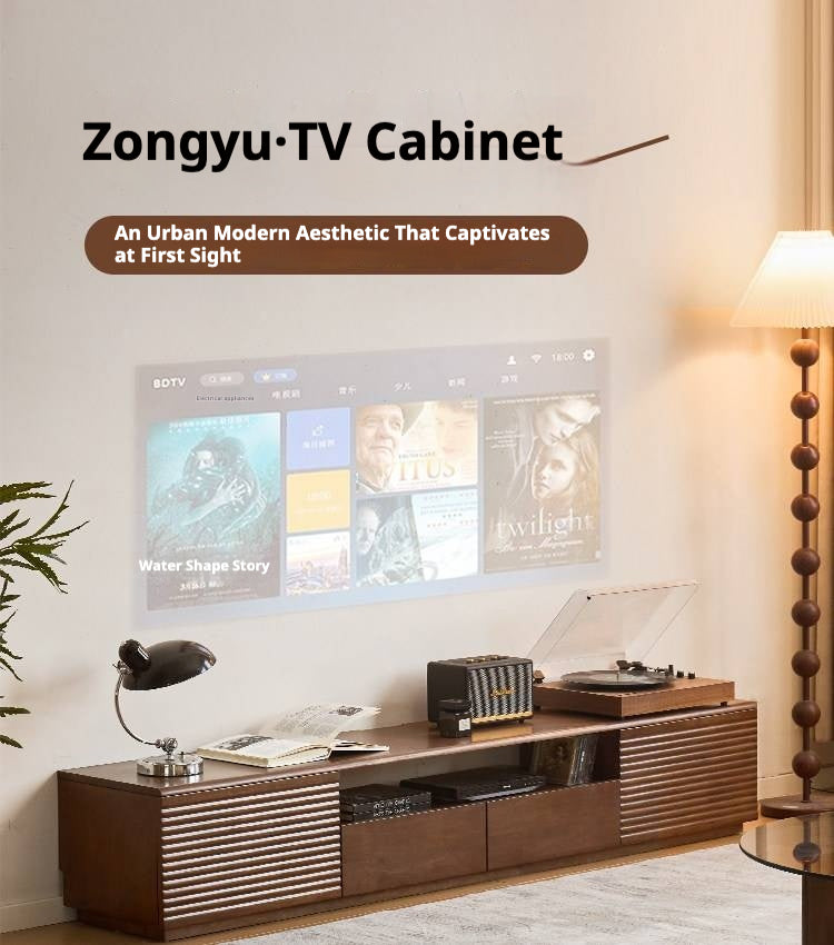 Solid RubberWood Fluted TV Media Console with Drawers and Open Shelf