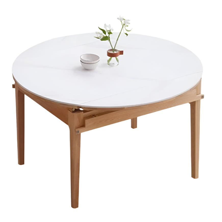 Solid Rubberwood, Oak Solid Wood Folding Round Retractable Dining Table