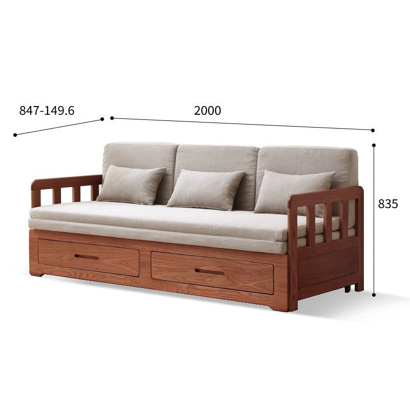 Oak Solid Wood Sofa Bed Folding Retractable Storage.