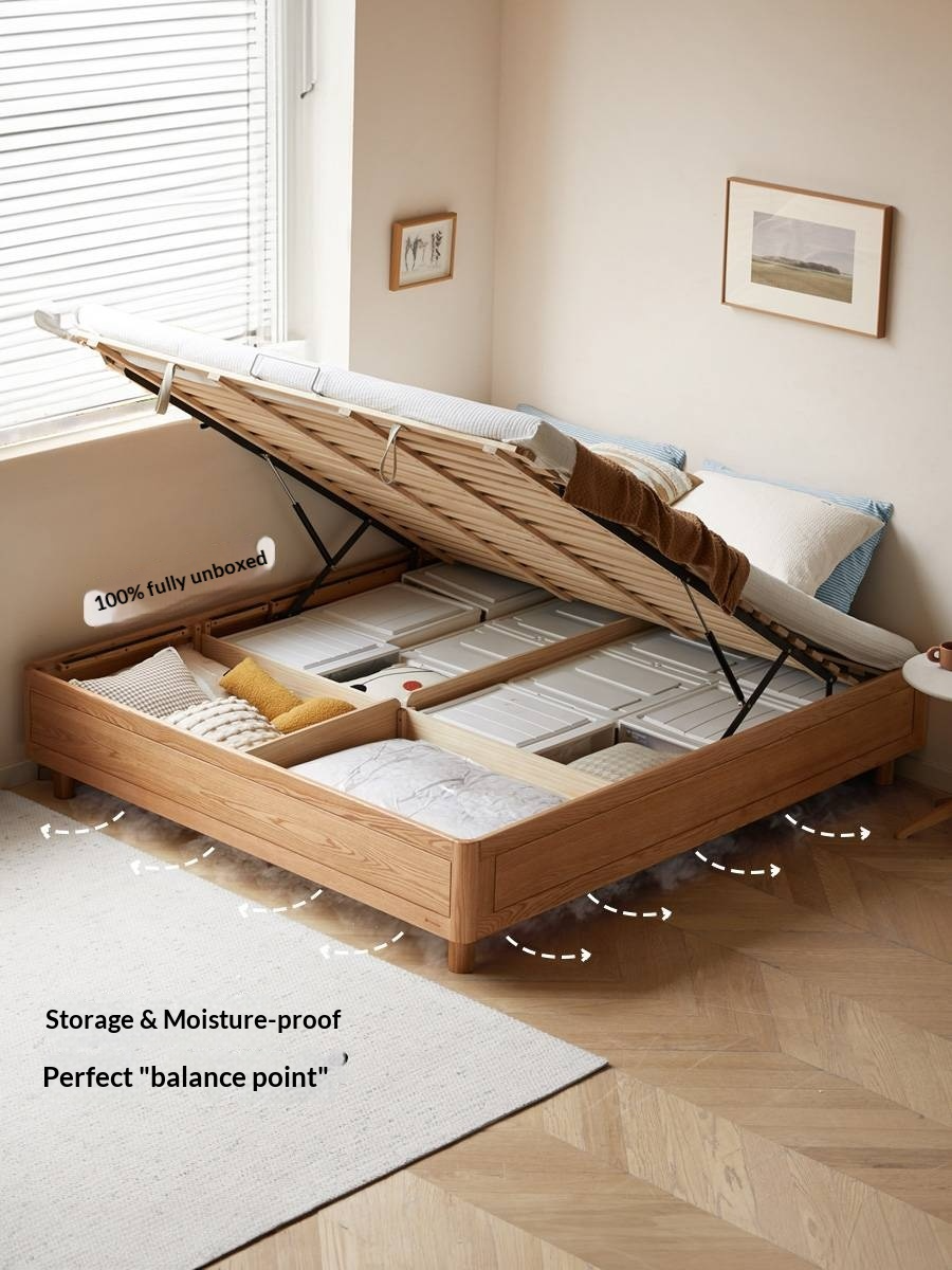 Oak Solid Wood Platform Box Bed, Headboard-Free Box Bed