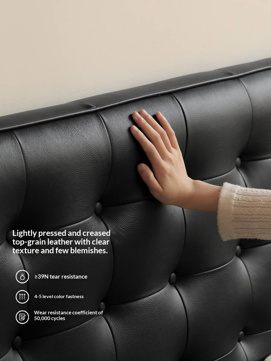 Genuine Leather Bed — Italian Light Luxury, Bauhaus Edge Design, Black Finish