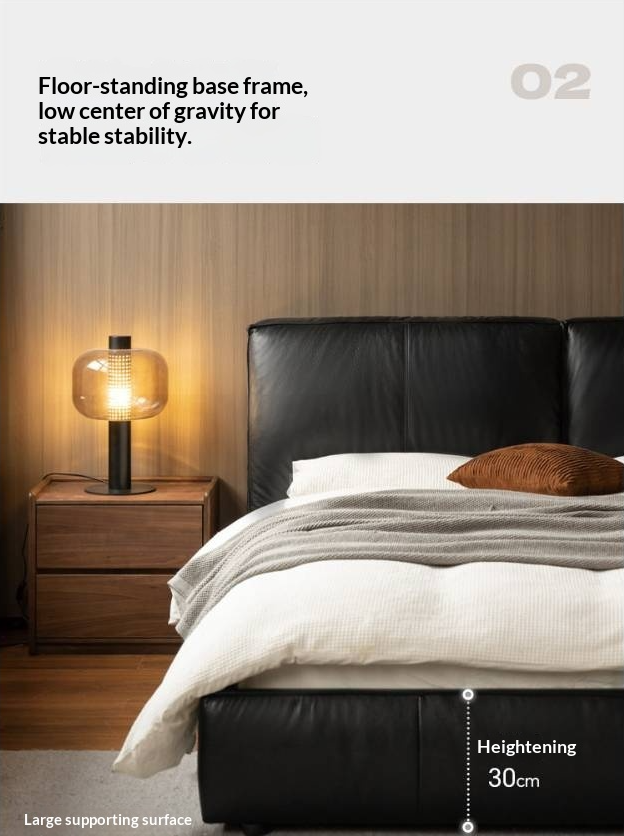 Genuine Leather Upholstered Bed — Black Large Bed, Italian Light Luxury Design