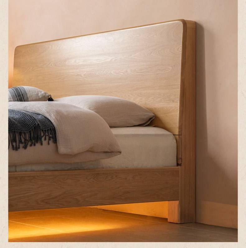 Ash Solid Wood Bed — Modern Minimalist Large Slab Design with Luminous Features