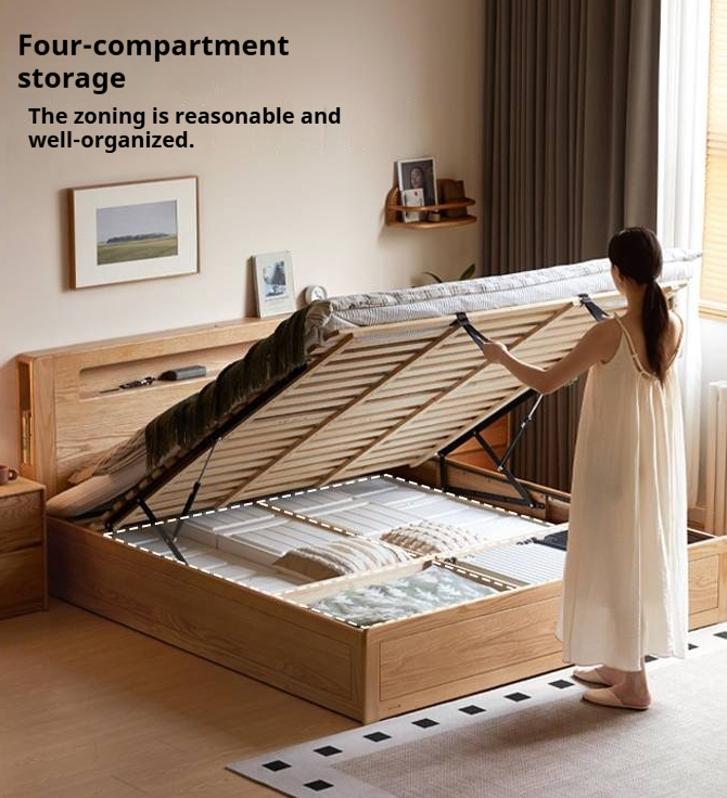Oak Solid Wood Modern Minimalist Multifunctional with Light Box Bed