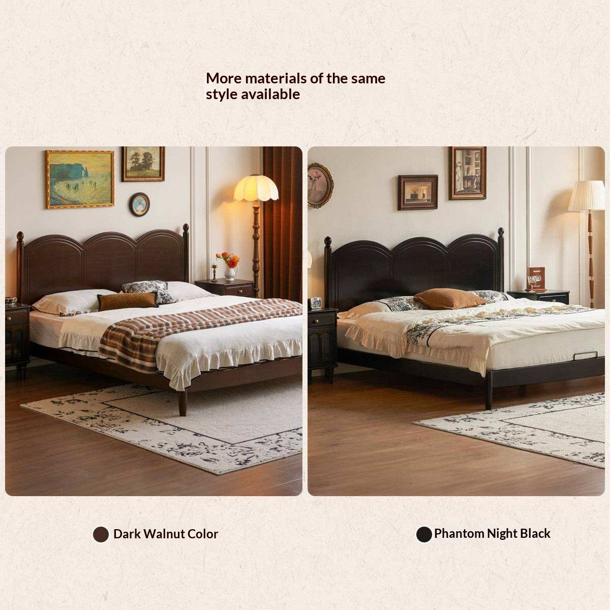 Black Walnut Solid Wood Bed with Arched French Country Headboard and Spindle Legs