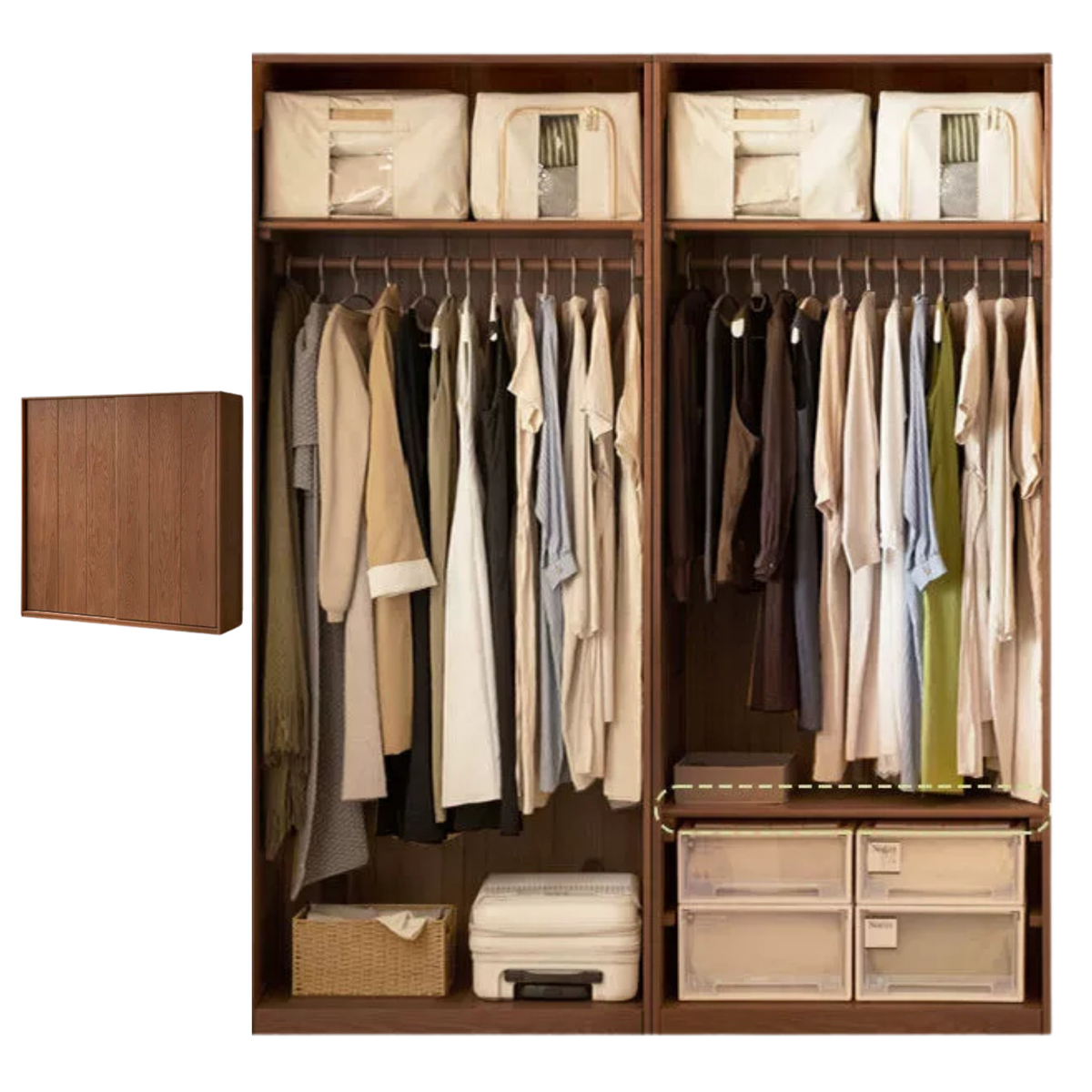 Oak Solid Wood Modern Wardrobe with Hybrid Hinged and Sliding Door Layout