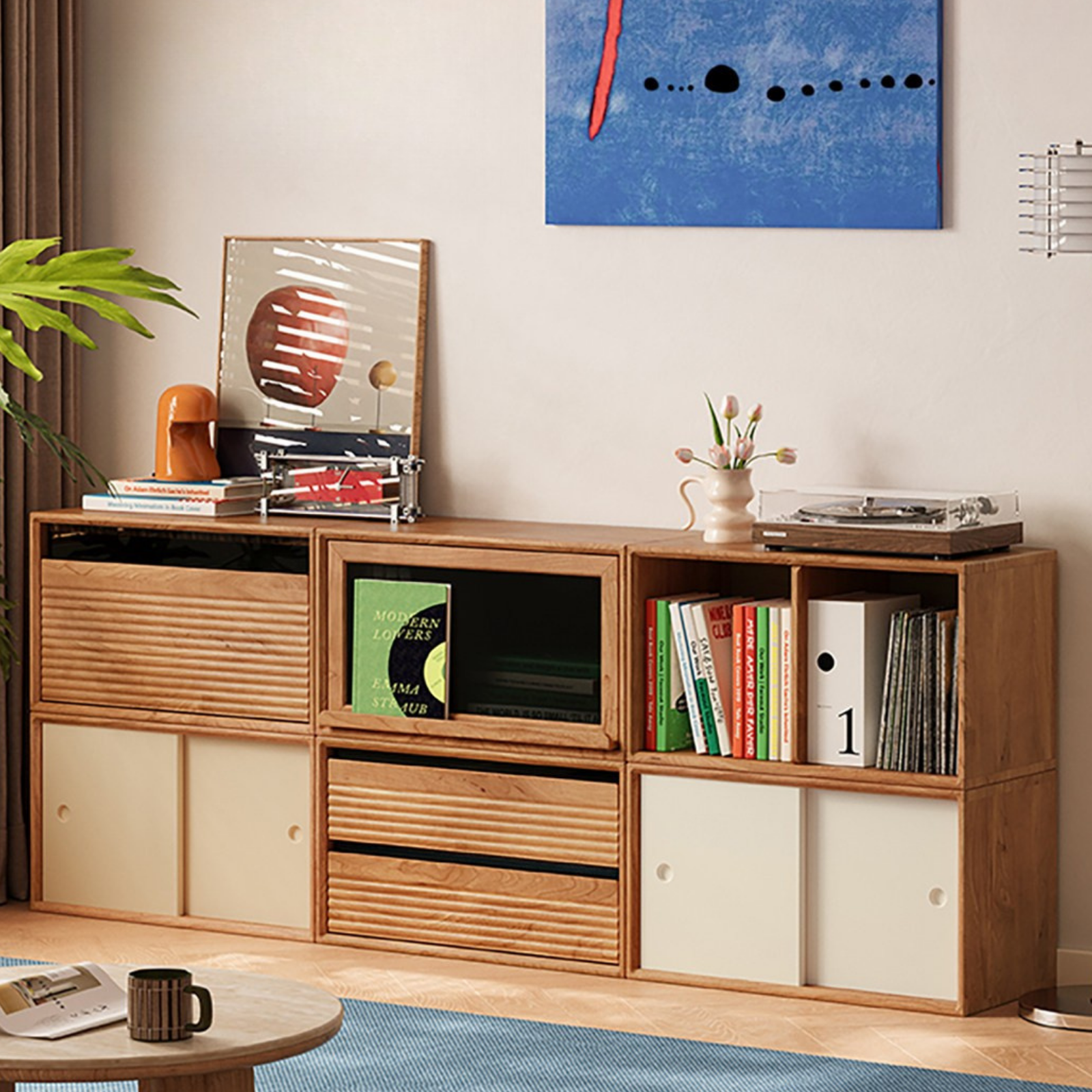 Cherry Solid Wood Modular Cube Storage Cabinet System