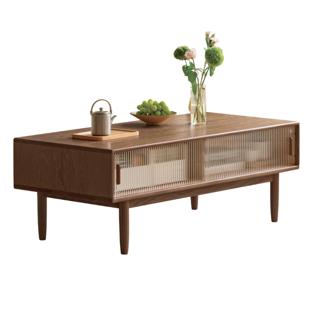 Oak, Beech, Solid Rubberwood Glass Doors Coffee Table