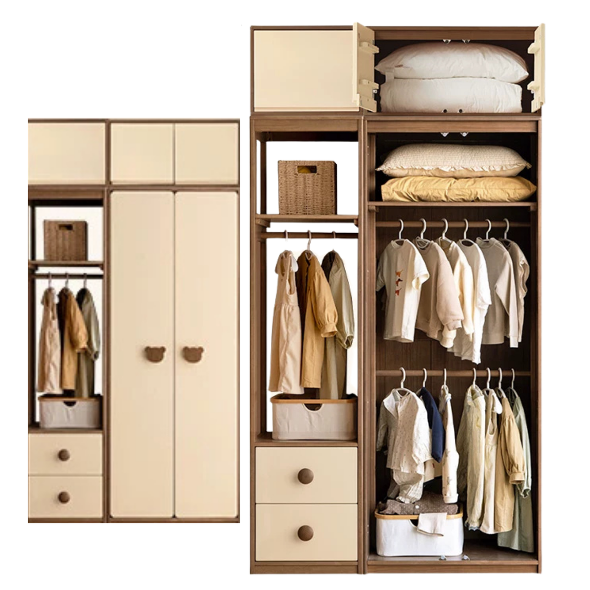 Solid RubberWood Kids Wardrobe Closet with Bear Handles and Storage Drawers