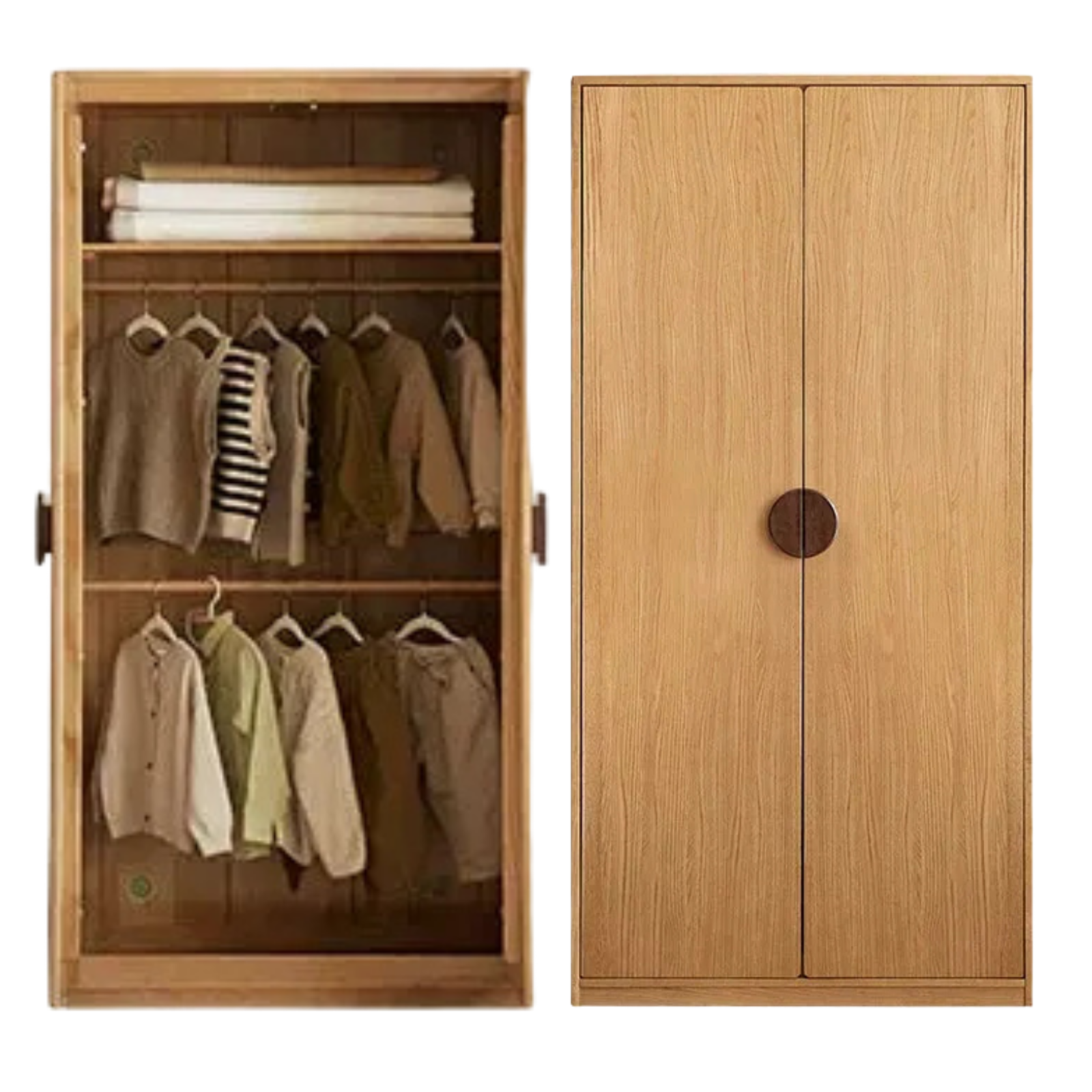 Oak Solid Wood Kids Wardrobe Armoire with Open Shelf and Drawer Combo