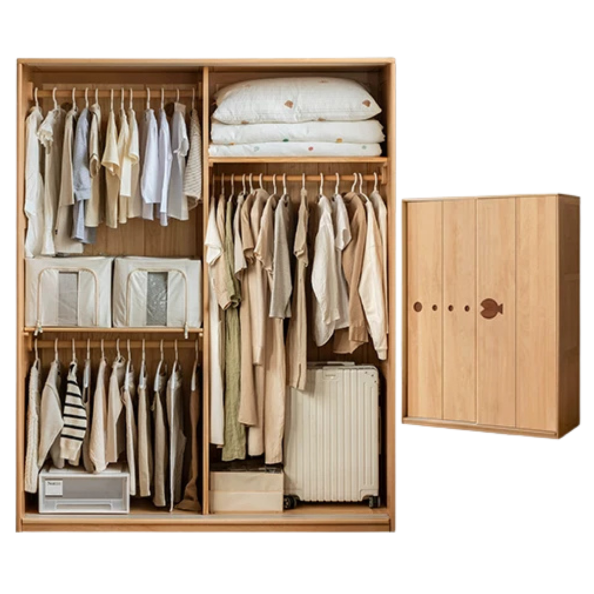 Beech Solid Wood Kids Sliding Door Wardrobe with Adjustable Shelves