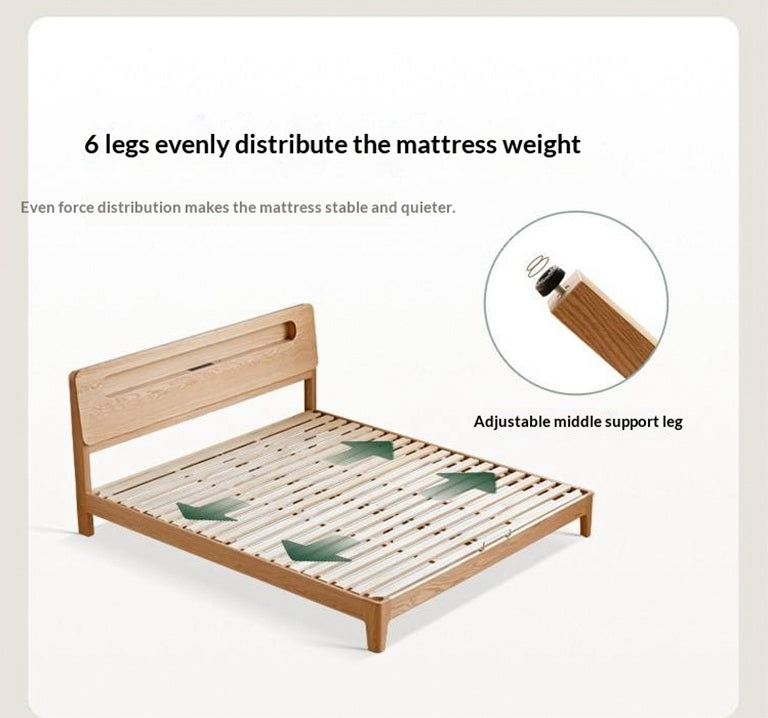 Oak Solid Wood Bed — Nordic Style with Socket and Storage