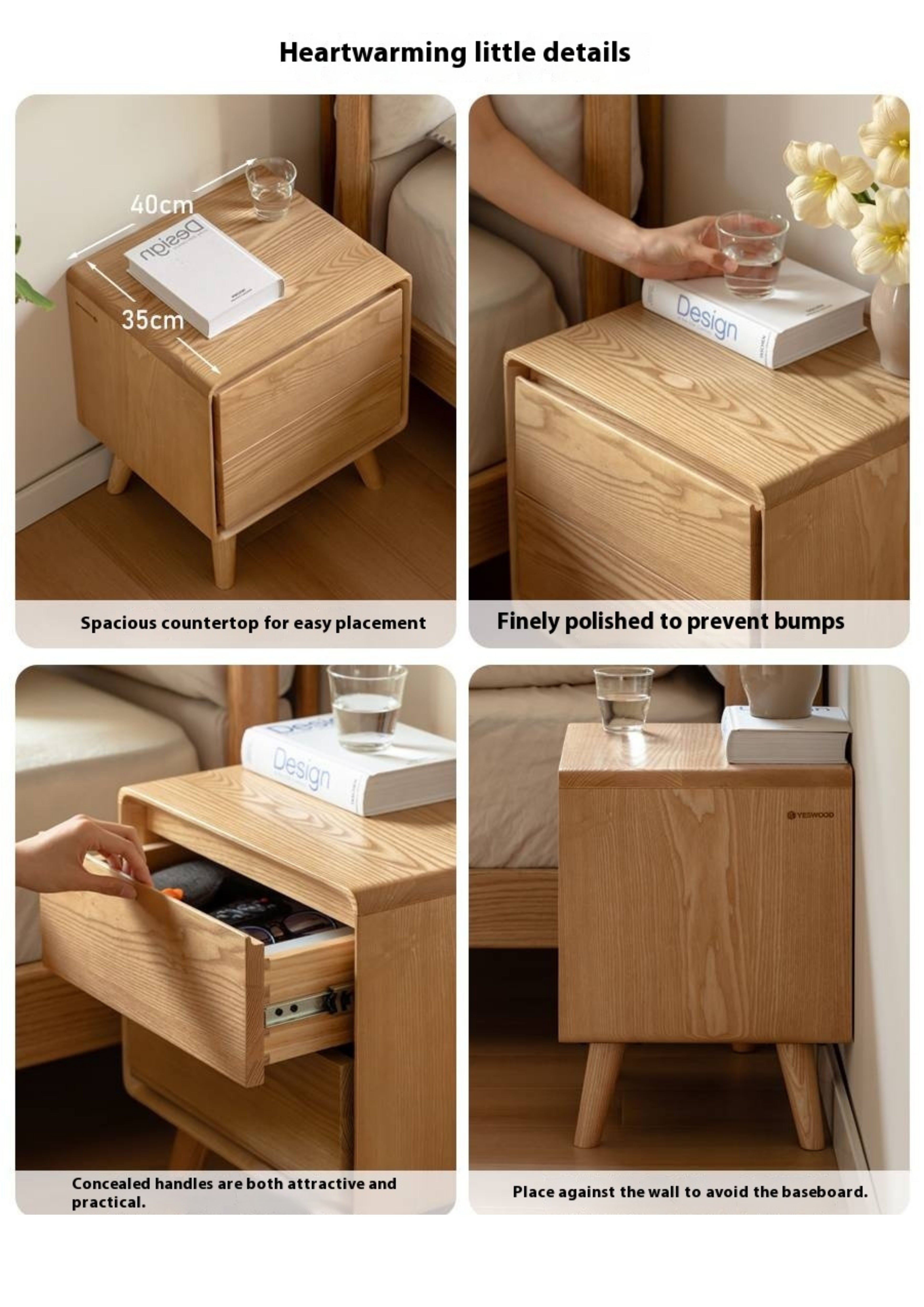 White Ash, Oak Solid Wood Modern Nightshand