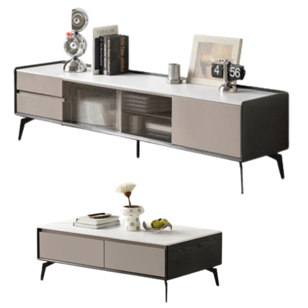 Oak Solid Wood Light Luxury Rock Slab Double Drawer TV Cabinet