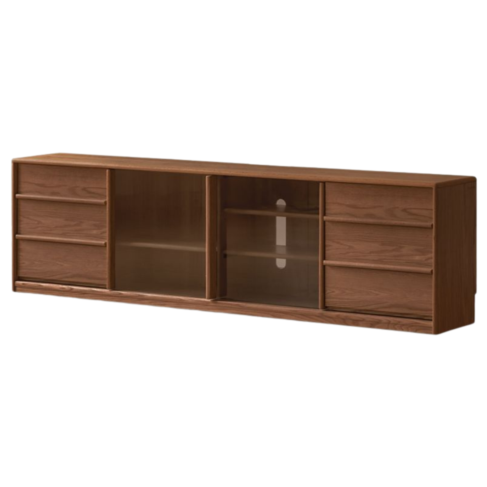 Oak Solid Wood TV Stand with Sliding Glass Doors and Drawers