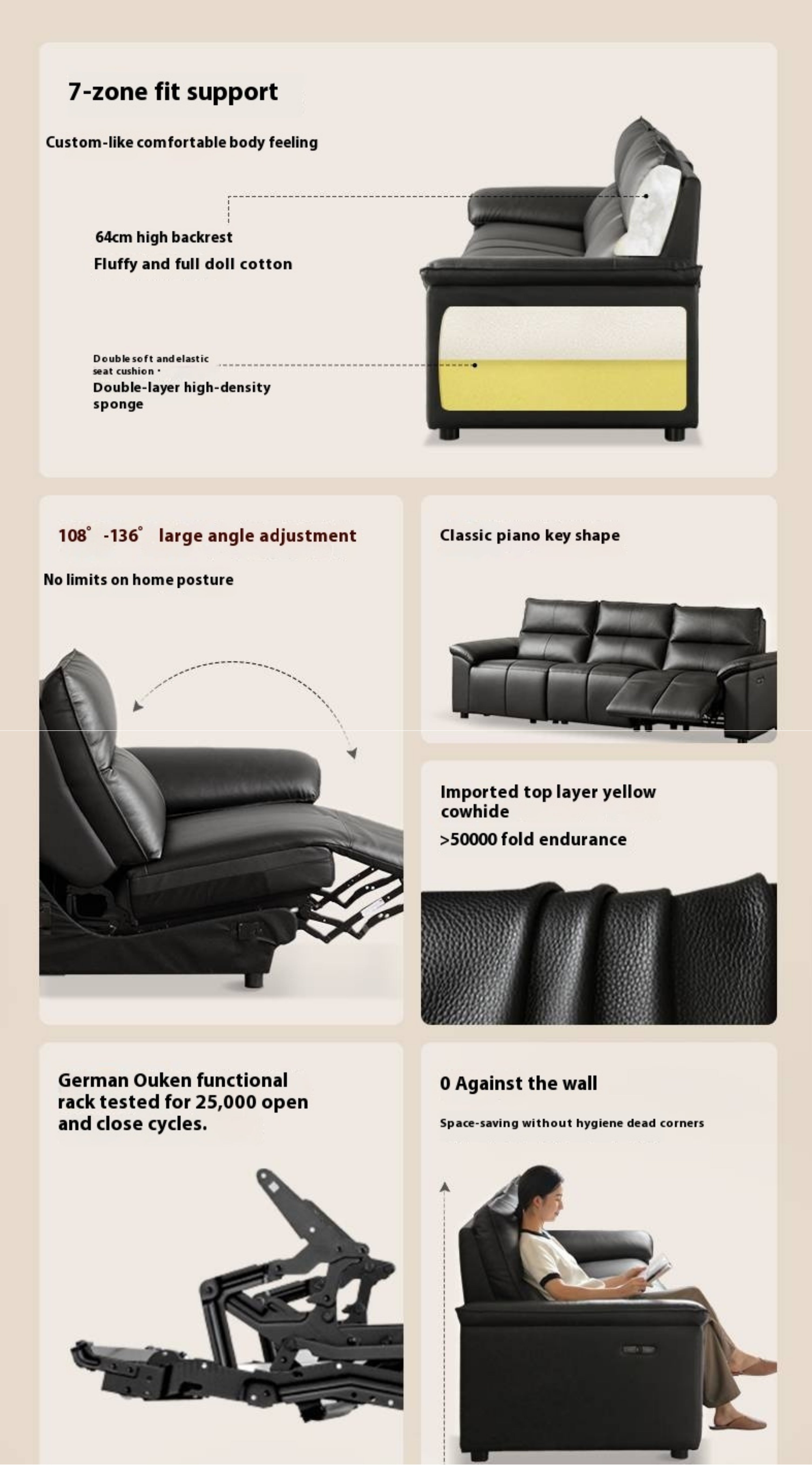 Genuine Leather Sofa Zero-Wall Electric Recliner with Extendable Function and Piano-Key Controls