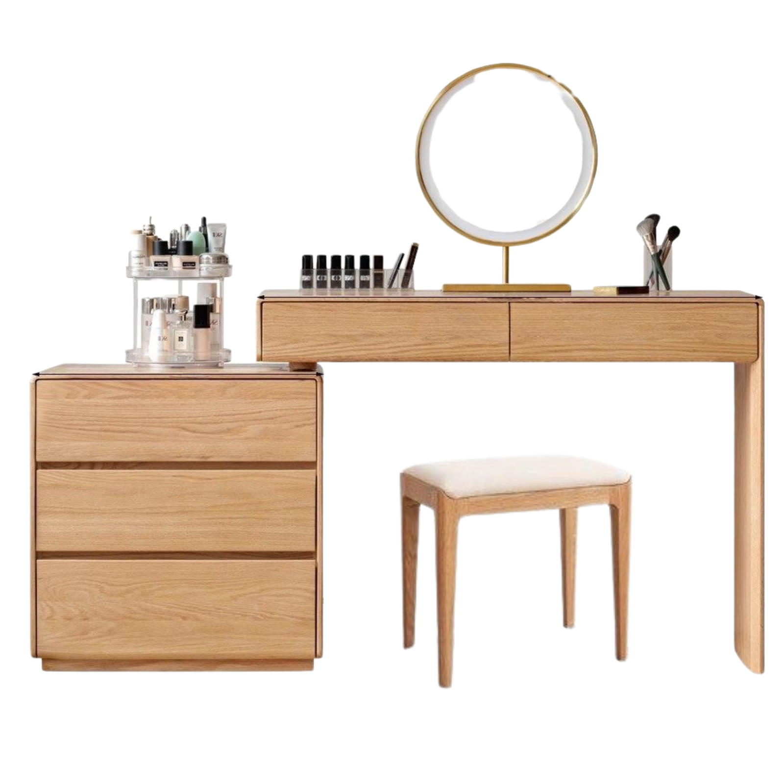 Oak, Ash Solid Wood Retractable Vanity Table Storage Cabinet.
