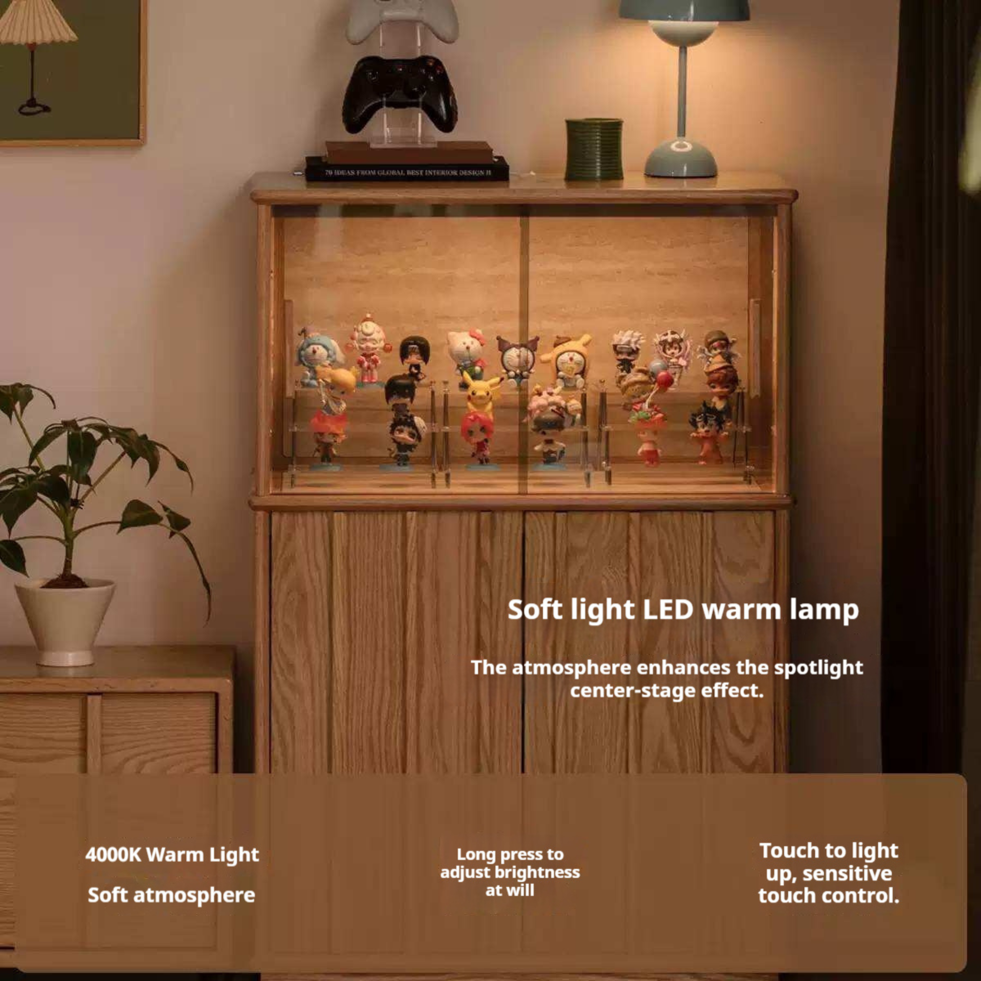 Oak Solid Wood Lighted Display Cabinet with Glass Door and Fluted Wood Panels