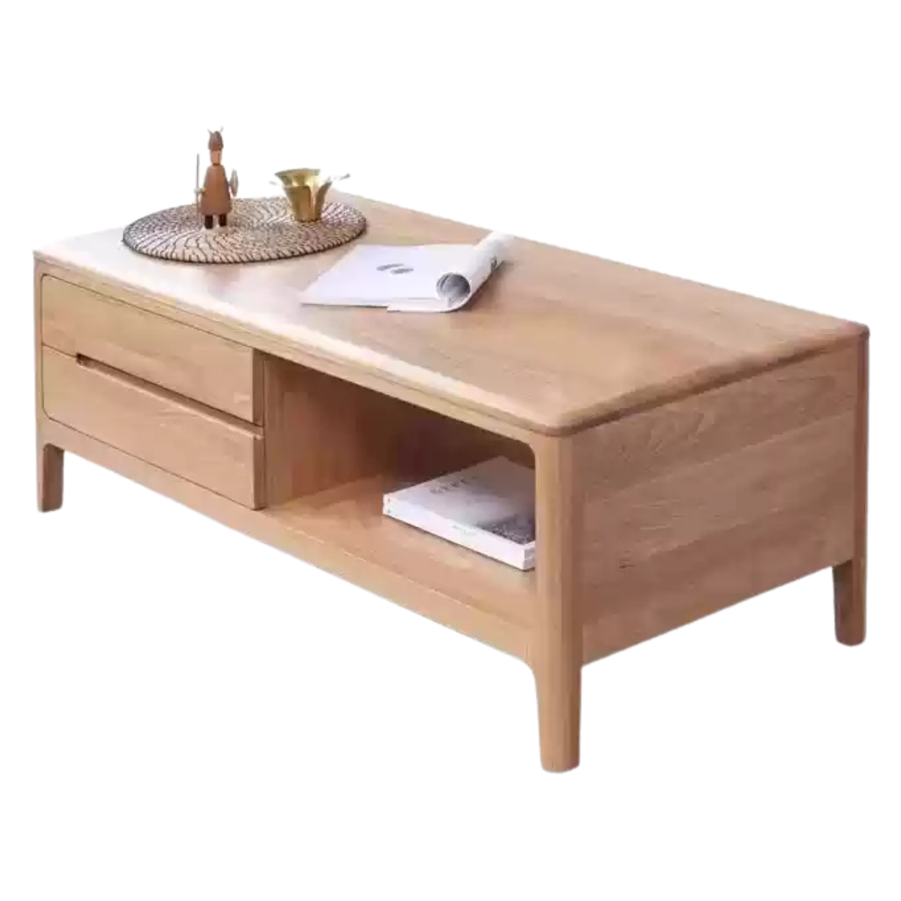 Oak, Solid Rubberwood Coffee Table Three Drawers