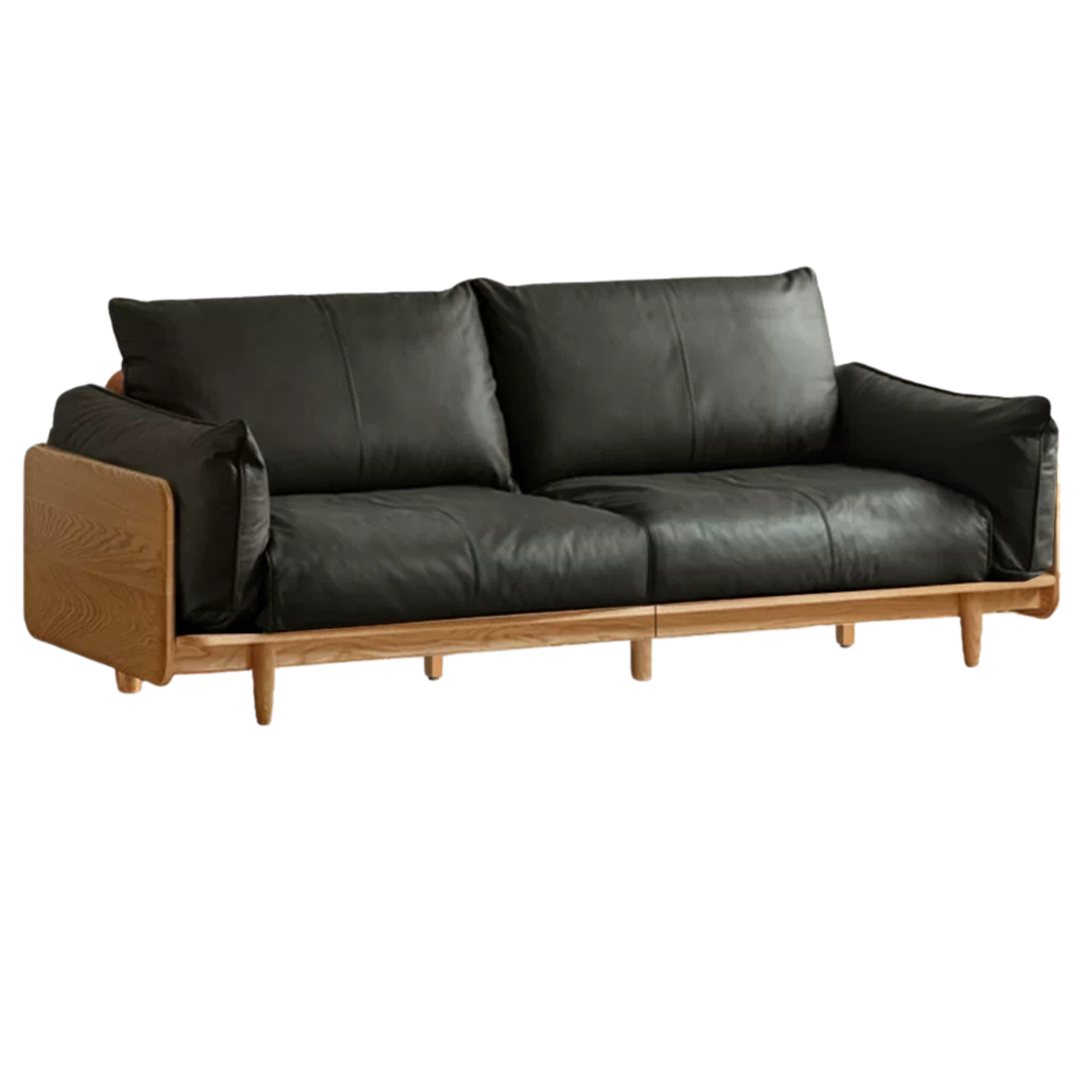 Oak, Ash Solid Wood Sofa with Exposed Wide Arms, High-Back, Genuine leather -fabric