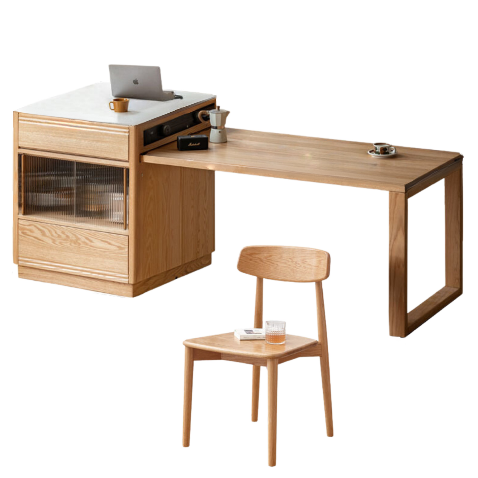 Oak Solid Wood Island + Table Integrated Retractable Rock Board