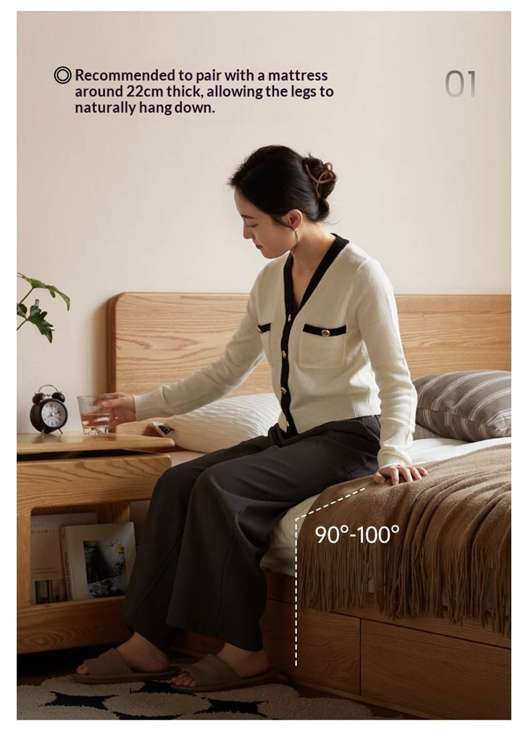 Oak, Ash, Rubberwood Solid Wood Box Bed, Platform Box Bed, Headboard-Free Bed