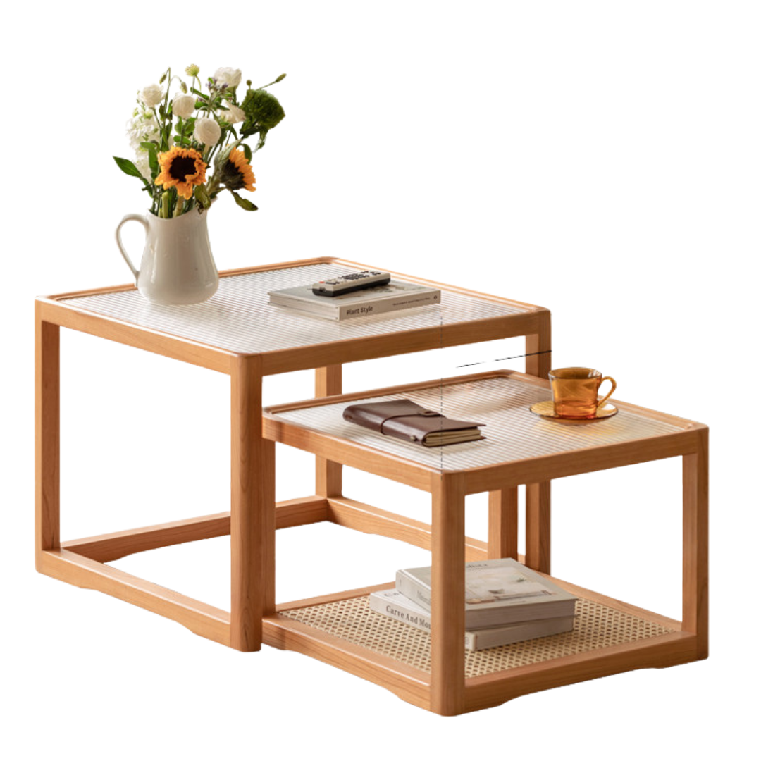 Cherry Solid Wood Square Retro Rattan Coffee Table