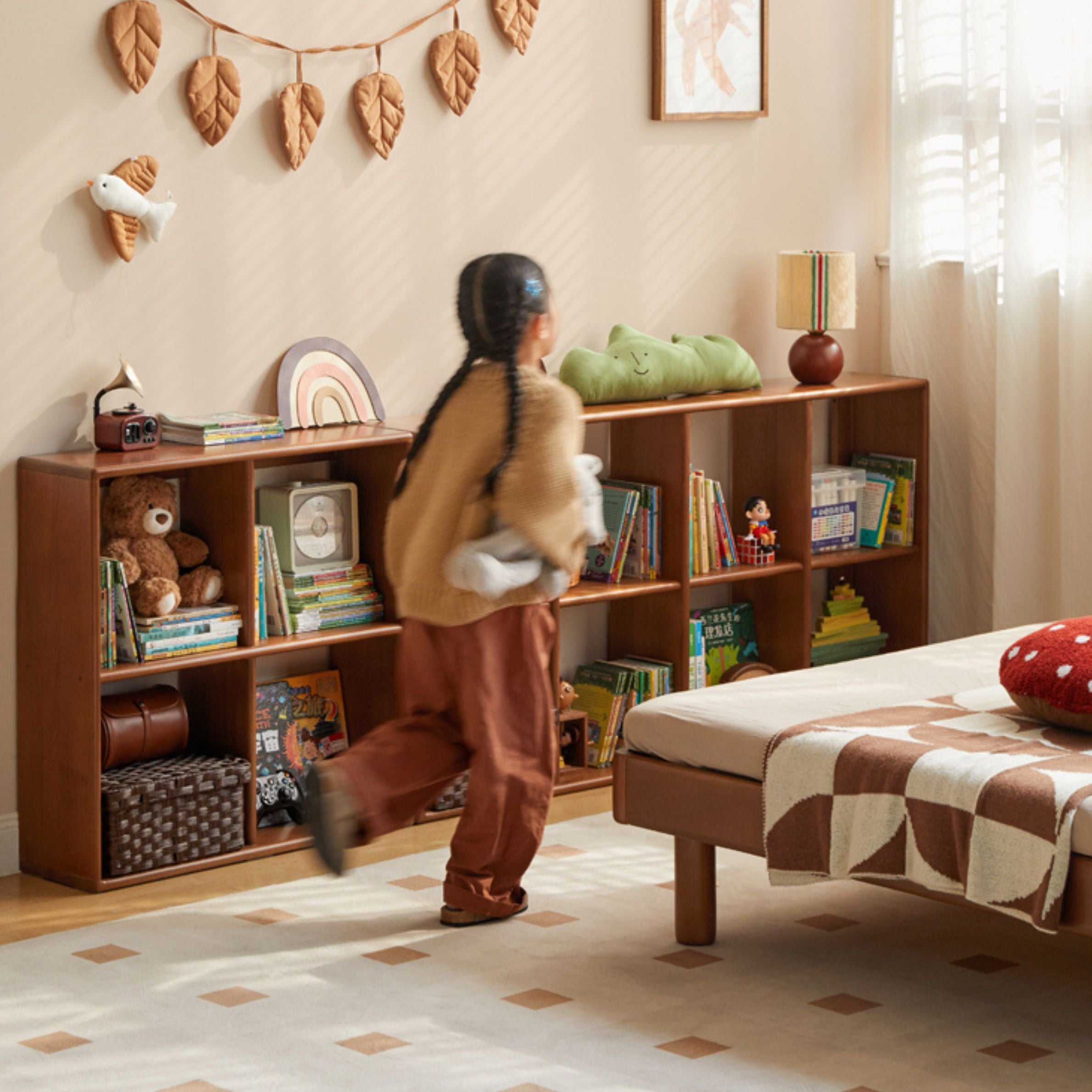 Poplar Solid Wood Children's Retro Lattice Bookshelf.