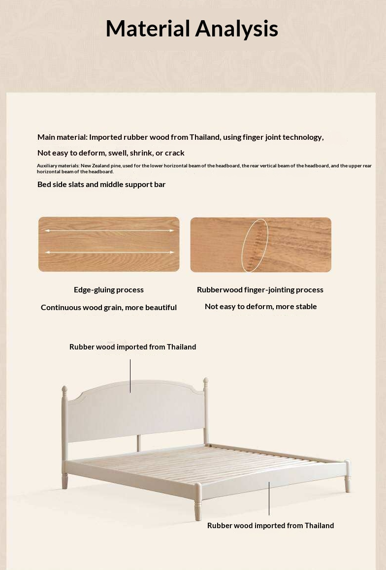 Rubberwood Solid Wood French Style Bed with White Curved Headboard and Elegant Retro Frame
