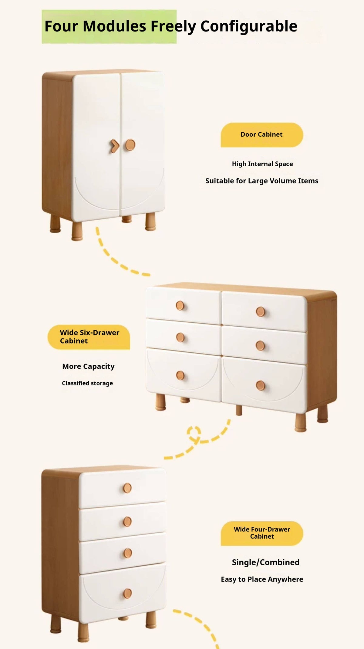 Beech Solid Wood, Solid RubberWood Kids Dresser with Cream Curved Drawers and Wooden Knobs