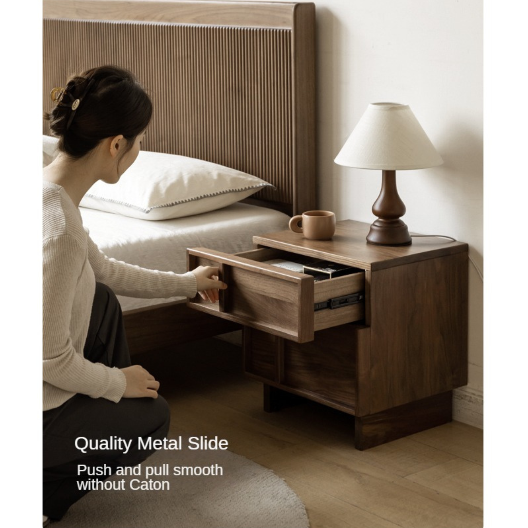 Black Walnut, Ash, Oak Solid Wood Storage Bedside Nightstand ,