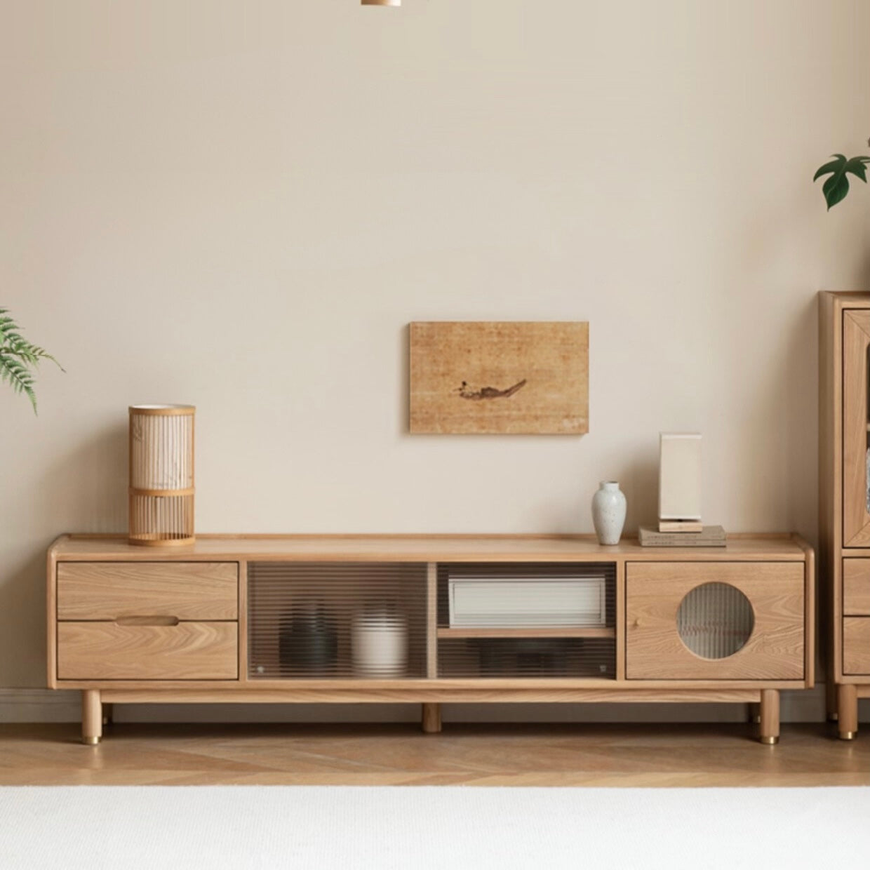 Ash, Oak Solid Wood Sliding Door TV Stand.