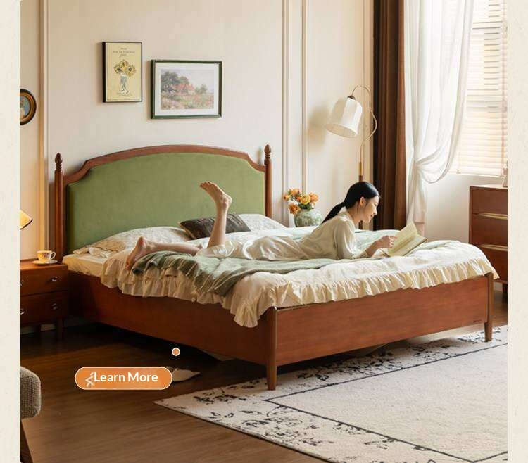 Cherry Solid Wood Box Bed with French Country Arched Upholstered Headboard and Spindle Posts