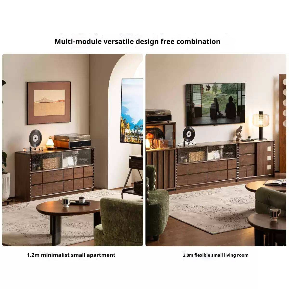 Black Walnut Solid Wood Tall TV Cabinet Modular Sideboard, Mid Century Gallery Style Storage Cabinet with Fluted Details