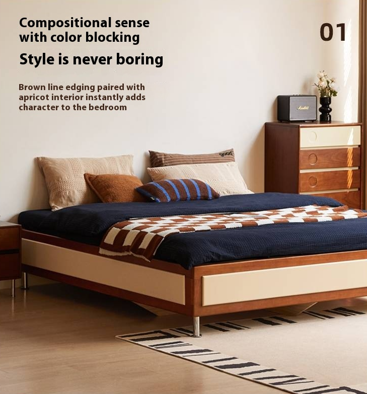 Poplar Solid Wood Bauhaus Style Platform Bed, Headboard-Free Bed