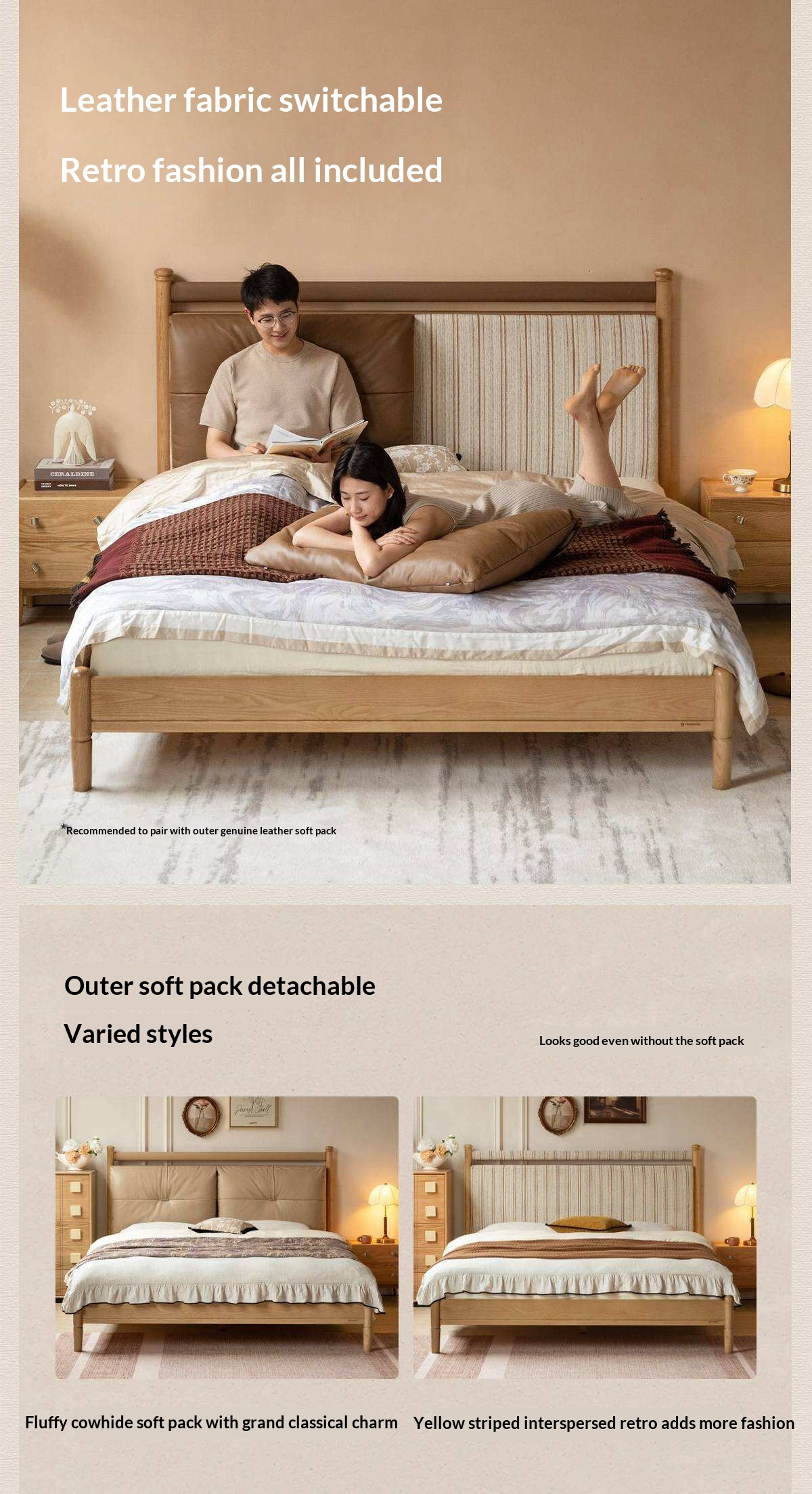Ash Solid Wood Bed with Plush Genuine Leather Cushioned Headboard
