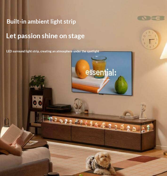 Ash Solid Wood TV Cabinet with Floor-Standing Storage and Display Shelves